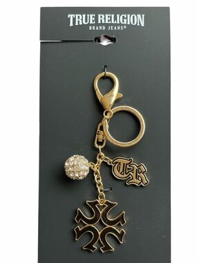 True Religion Gold-Tone Keyring Bag Charm with Crystal Pave Charm